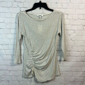 William Rast Gray & Ivory Striped Side Ruched Long Sleeve Top Size Medium